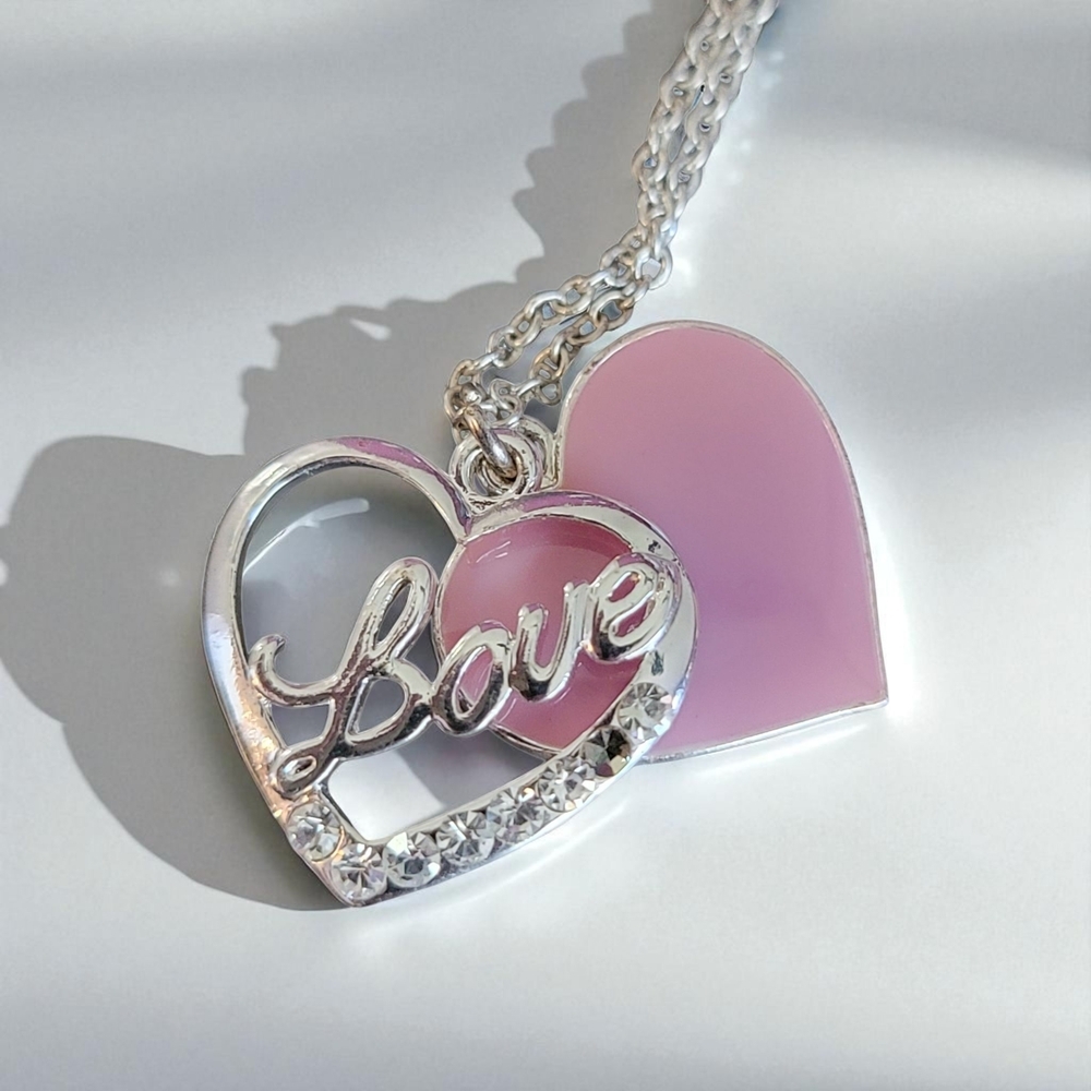 Silver and Pink Heart Pendant Necklace